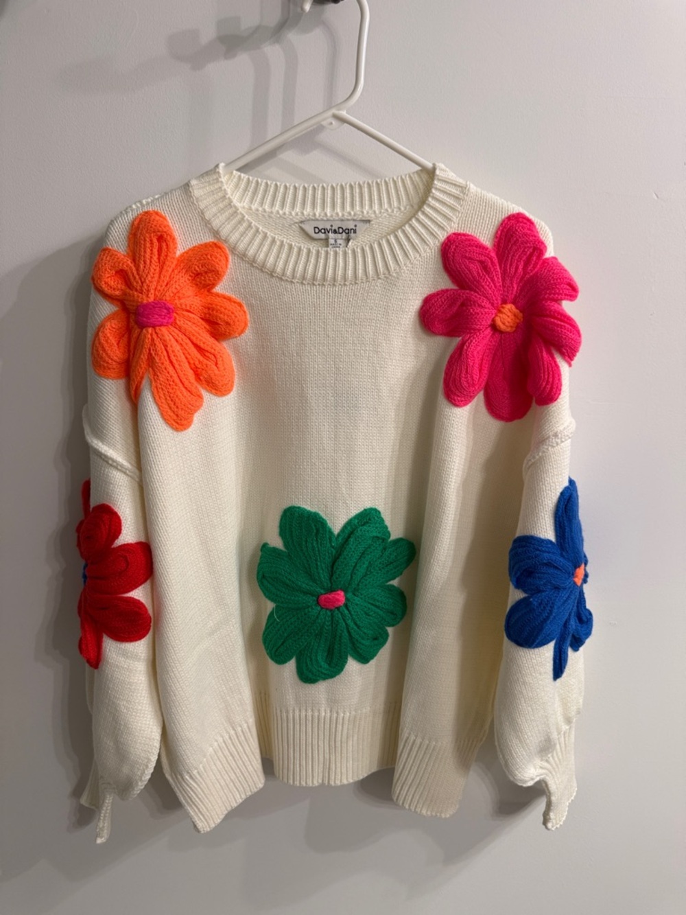 Multi Colored Knit Floral Patched Sweater in
White